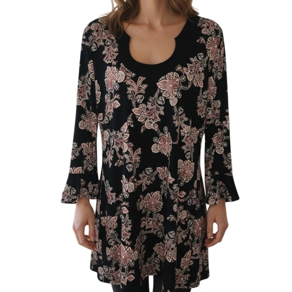 WHITE HOUSE BLACK MARKET Scoop Neck Belled Sleeve Artsy Floral Tunic EUC Size M